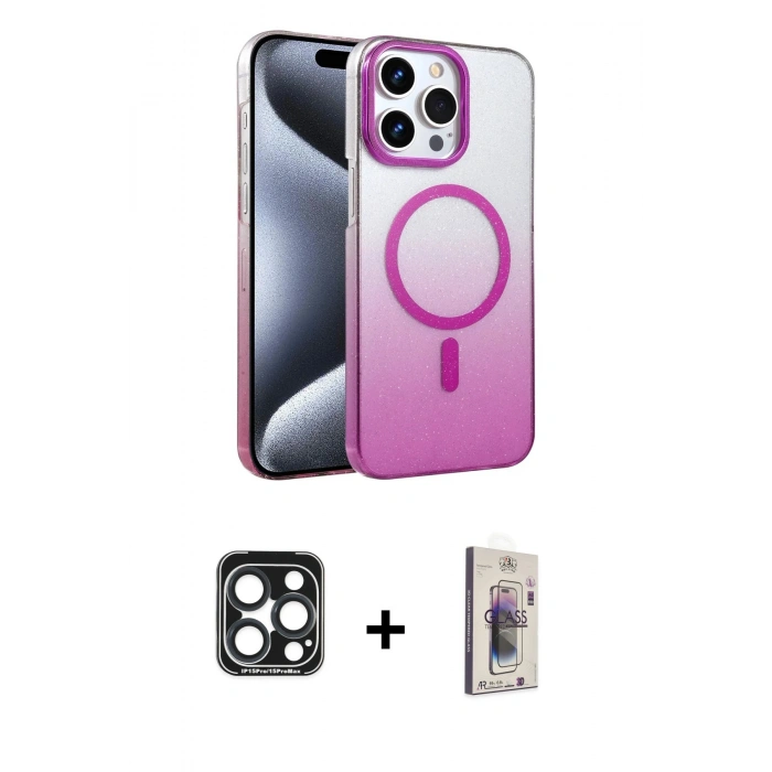MARSİLYAN™- iPhone 15 Pro Max Kılıf Ahenk Doku Özel Seri - Siyah Bilvis 3D Cam Ekran Koruyucu + PVD Metal Kamera Lens - LT