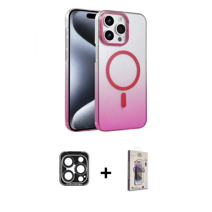 MARSİLYAN™- iPhone 15 Pro Max Kılıf Ahenk Doku Özel Seri - Siyah Bilvis 3D Cam Ekran Koruyucu + PVD Metal Kamera Lens - LT