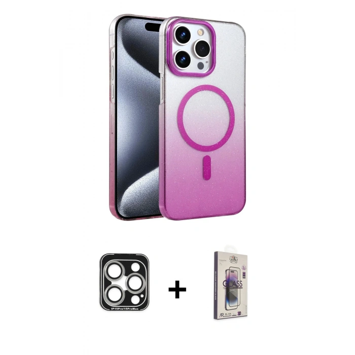 MARSİLYAN™- iPhone 15 Pro Max Kılıf Ahenk Doku Özel Seri - Siyah Bilvis 3D Cam Ekran Koruyucu + PVD Metal Kamera Lens - GS