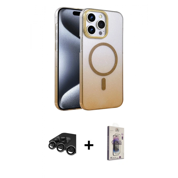 MARSİLYAN™- iPhone 15 Pro Max Kılıf Ahenk Doku Özel Seri - Siyah Bilvis 3D Cam Ekran Koruyucu + Raze Metal Kamera Lens - TMGI