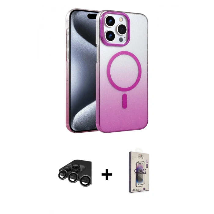 MARSİLYAN™- iPhone 15 Pro Max Kılıf Ahenk Doku Özel Seri - Siyah Bilvis 3D Cam Ekran Koruyucu + Raze Metal Kamera Lens - TMGI