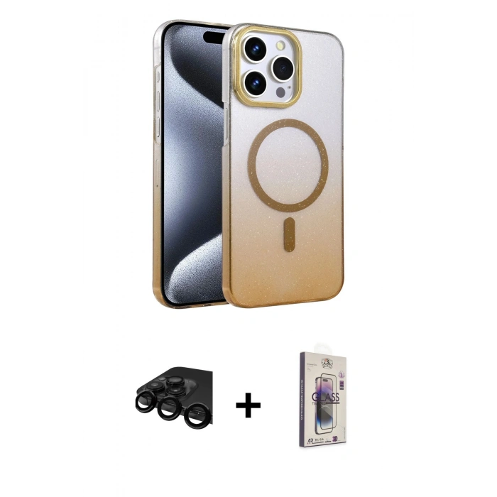 MARSİLYAN™- iPhone 15 Pro Max Kılıf Ahenk Doku Özel Seri - Siyah Bilvis 3D Cam Ekran Koruyucu + Raze Metal Kamera Lens - SH
