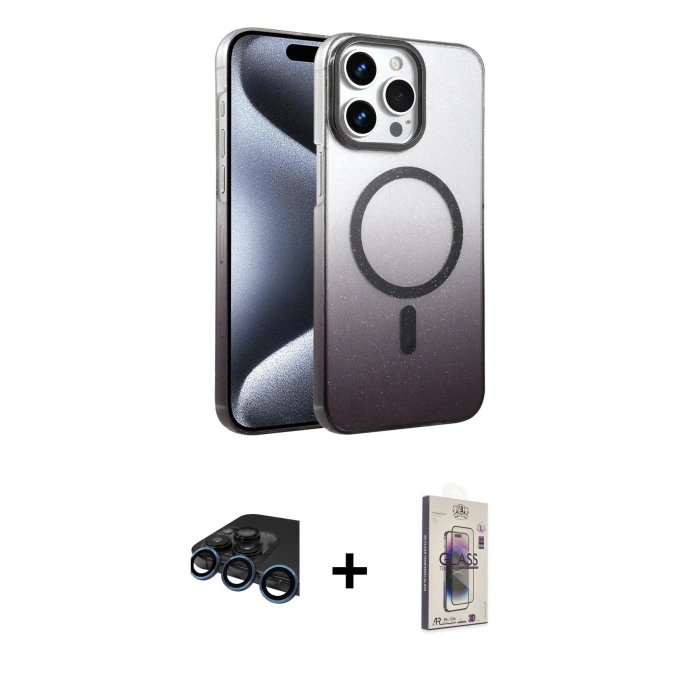 MARSİLYAN™- iPhone 15 Pro Max Kılıf Ahenk Doku Özel Seri - Siyah Bilvis 3D Cam Ekran Koruyucu + Raze Metal Kamera Lens - LT