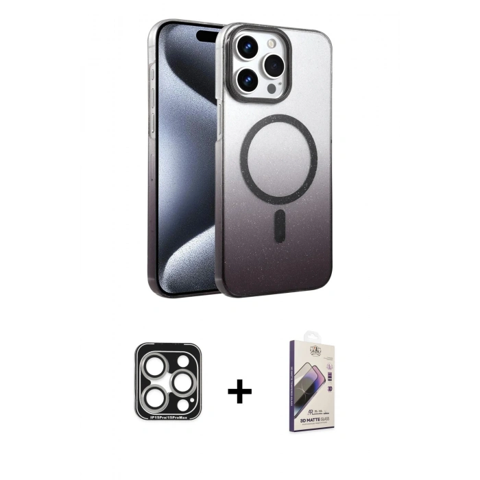 MARSİLYAN™- iPhone 15 Pro Max Kılıf Ahenk Doku Özel Seri - Siyah Bilvis 3D Mat Cam Ekran Koruyucu + PVD Metal Kamera Lens - GS