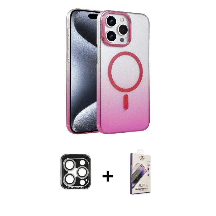 MARSİLYAN™- iPhone 15 Pro Max Kılıf Ahenk Doku Özel Seri - Siyah Bilvis 3D Mat Cam Ekran Koruyucu + PVD Metal Kamera Lens - GS