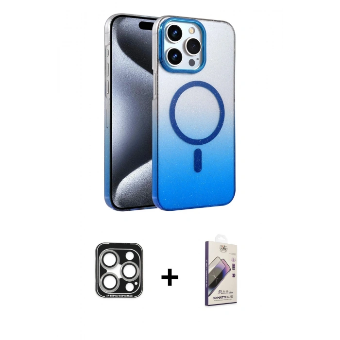 MARSİLYAN™- iPhone 15 Pro Max Kılıf Ahenk Doku Özel Seri - Siyah Bilvis 3D Mat Cam Ekran Koruyucu + PVD Metal Kamera Lens - GS