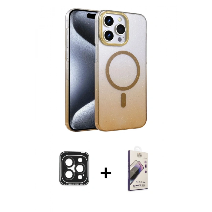 MARSİLYAN™- iPhone 15 Pro Max Kılıf Ahenk Doku Özel Seri - Siyah Bilvis 3D Mat Cam Ekran Koruyucu + PVD Metal Kamera Lens - SH