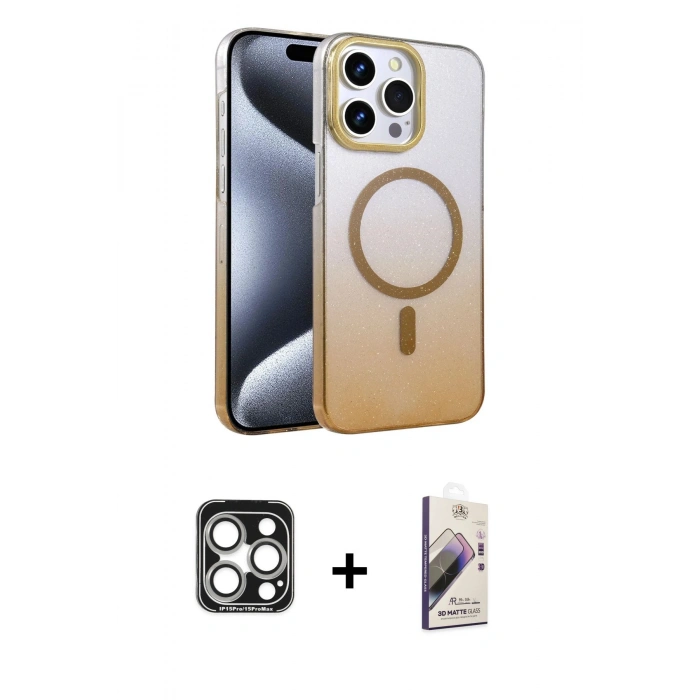 MARSİLYAN™- iPhone 15 Pro Max Kılıf Ahenk Doku Özel Seri - Siyah Bilvis 3D Mat Cam Ekran Koruyucu + PVD Metal Kamera Lens - GS
