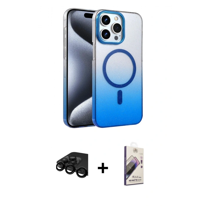 MARSİLYAN™- iPhone 15 Pro Max Kılıf Ahenk Doku Özel Seri - Siyah Bilvis 3D Mat Cam Ekran Koruyucu + Raze Metal Kamera Lens - SH