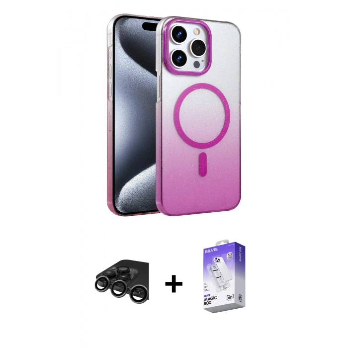 MARSİLYAN™- iPhone 15 Pro Max Kılıf Ahenk Doku Özel Seri - Siyah Bilvis 5in1 3D Magic Cam Ekran Koruyucu + Raze Metal Kamera Lens - TMGI