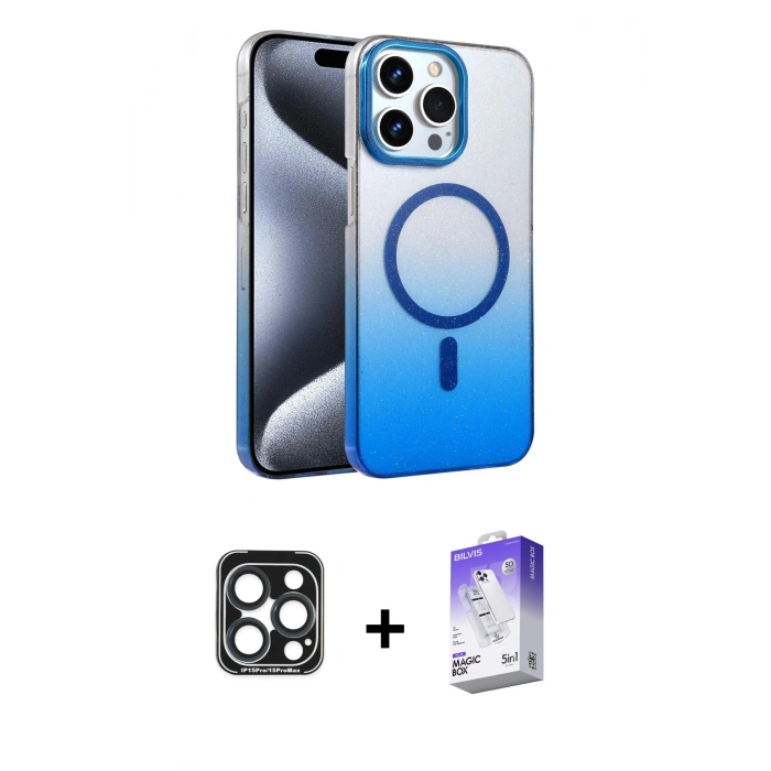 MARSİLYAN™- iPhone 15 Pro Max Kılıf Ahenk Doku Özel Seri - Siyah Bilvis 5in1 3D Magic Cam Ekran Koruyucu + PVD Metal Kamera Lens - LT