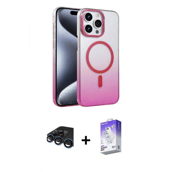 MARSİLYAN™- iPhone 15 Pro Max Kılıf Ahenk Doku Özel Seri - Siyah Bilvis 5in1 3D Magic Cam Ekran Koruyucu + Raze Metal Kamera Lens - LT