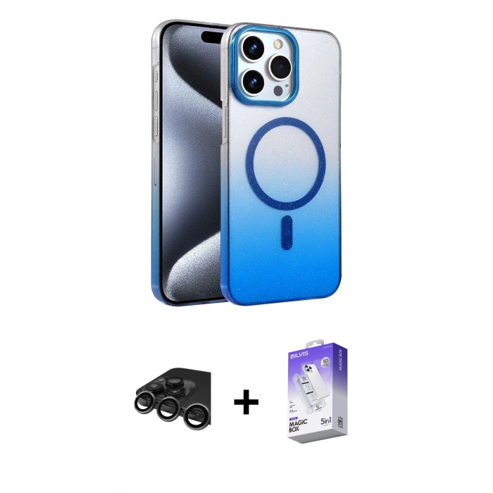 MARSİLYAN™- iPhone 15 Pro Max Kılıf Ahenk Doku Özel Seri - Siyah Bilvis 5in1 3D Magic Cam Ekran Koruyucu + Raze Metal Kamera Lens - TMGI