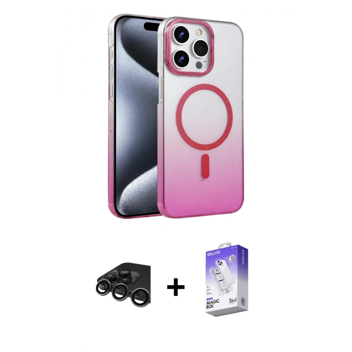 MARSİLYAN™- iPhone 15 Pro Max Kılıf Ahenk Doku Özel Seri - Siyah Bilvis 5in1 3D Magic Cam Ekran Koruyucu + Raze Metal Kamera Lens - TMGI