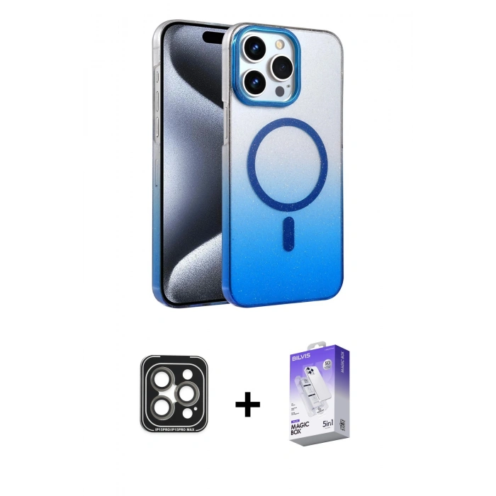 MARSİLYAN™- iPhone 15 Pro Max Kılıf Ahenk Doku Özel Seri - Siyah Bilvis 5in1 3D Magic Cam Ekran Koruyucu + PVD Metal Kamera Lens - GI