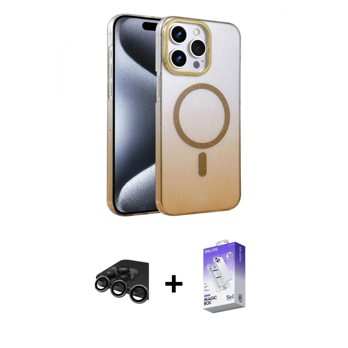 MARSİLYAN™- iPhone 15 Pro Max Kılıf Ahenk Doku Özel Seri - Siyah Bilvis 5in1 3D Magic Cam Ekran Koruyucu + Raze Metal Kamera Lens - TMGI