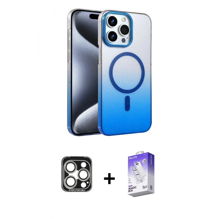 MARSİLYAN™- iPhone 15 Pro Max Kılıf Ahenk Doku Özel Seri - Siyah Bilvis 5in1 3D Magic Cam Ekran Koruyucu + Gümüş PVD Metal Kamera Lens