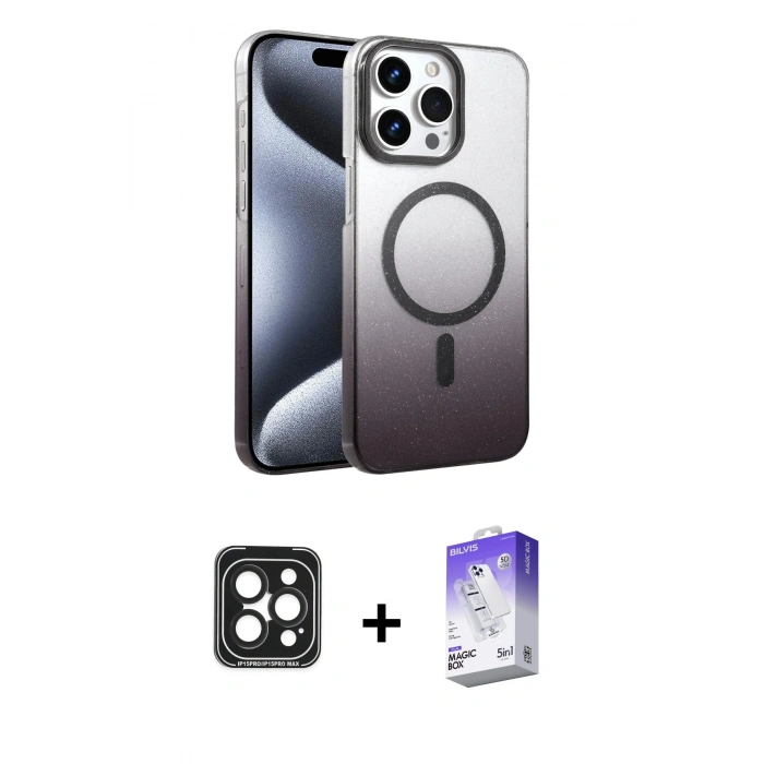 MARSİLYAN™- iPhone 15 Pro Max Kılıf Ahenk Doku Özel Seri - Siyah Bilvis 5in1 3D Magic Cam Ekran Koruyucu + PVD Metal Kamera Lens - SH