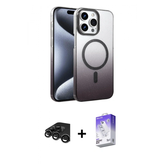 MARSİLYAN™- iPhone 15 Pro Max Kılıf Ahenk Doku Özel Seri - Siyah Bilvis 5in1 3D Magic Cam Ekran Koruyucu + Raze Metal Kamera Lens - TMGI