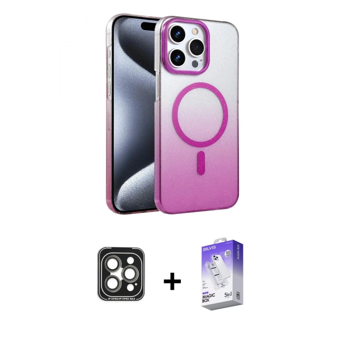 MARSİLYAN™- iPhone 15 Pro Max Kılıf Ahenk Doku Özel Seri - Siyah Bilvis 5in1 3D Magic Cam Ekran Koruyucu + PVD Metal Kamera Lens - GI