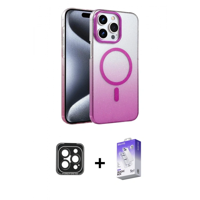MARSİLYAN™- iPhone 15 Pro Max Kılıf Ahenk Doku Özel Seri - Siyah Bilvis 5in1 3D Magic Cam Ekran Koruyucu + PVD Metal Kamera Lens - SH