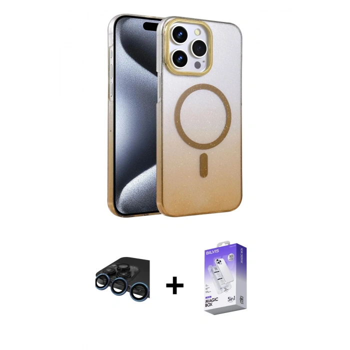 MARSİLYAN™- iPhone 15 Pro Max Kılıf Ahenk Doku Özel Seri - Siyah Bilvis 5in1 3D Magic Cam Ekran Koruyucu + Raze Metal Kamera Lens - LT