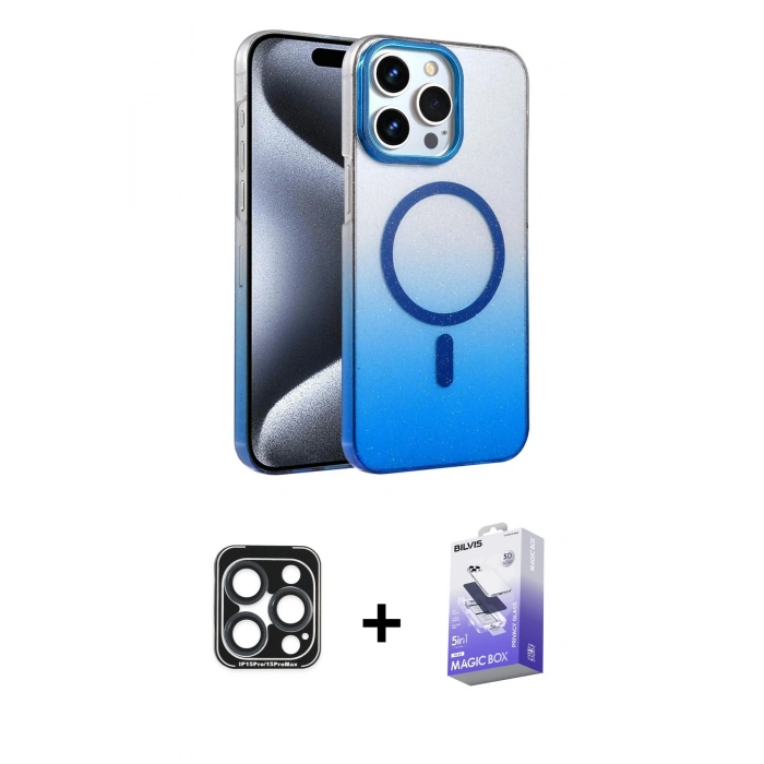 MARSİLYAN™- iPhone 15 Pro Max Kılıf Ahenk Doku Özel Seri - Siyah Bilvis 5in1 5D Magic Hayalet Cam Ekran Koruyucu + PVD Metal Kamera Lens - LT
