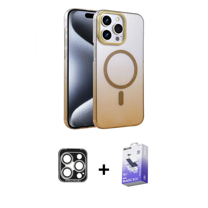 MARSİLYAN™- iPhone 15 Pro Max Kılıf Ahenk Doku Özel Seri - Siyah Bilvis 5in1 5D Magic Hayalet Cam Ekran Koruyucu + PVD Metal Kamera Lens - GS