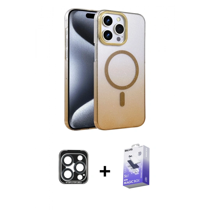 MARSİLYAN™- iPhone 15 Pro Max Kılıf Ahenk Doku Özel Seri - Siyah Bilvis 5in1 5D Magic Hayalet Cam Ekran Koruyucu + PVD Metal Kamera Lens - LT