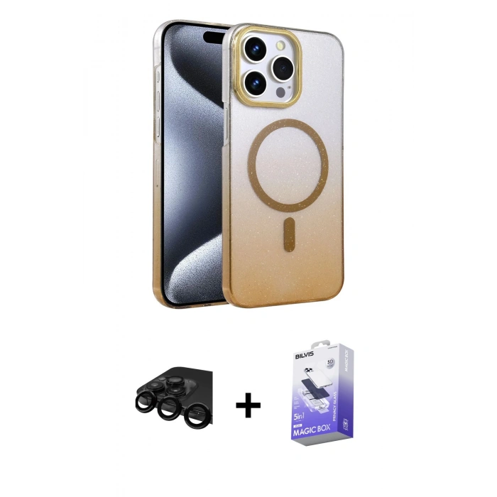 MARSİLYAN™- iPhone 15 Pro Max Kılıf Ahenk Doku Özel Seri - Siyah Bilvis 5in1 5D Magic Hayalet Cam Ekran Koruyucu + Raze Metal Kamera Lens - SH