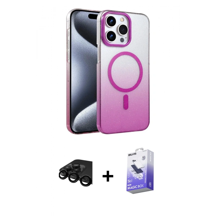 MARSİLYAN™- iPhone 15 Pro Max Kılıf Ahenk Doku Özel Seri - Siyah Bilvis 5in1 5D Magic Hayalet Cam Ekran Koruyucu + Raze Metal Kamera Lens - SH