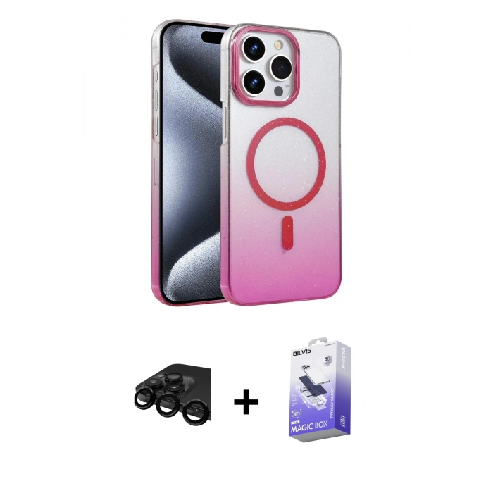 MARSİLYAN™- iPhone 15 Pro Max Kılıf Ahenk Doku Özel Seri - Siyah Bilvis 5in1 5D Magic Hayalet Cam Ekran Koruyucu + Raze Metal Kamera Lens - SH