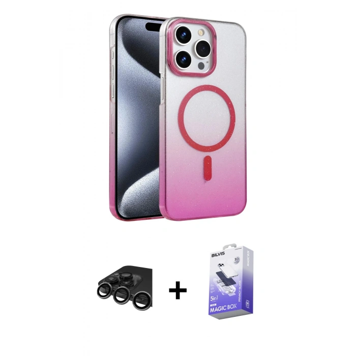 MARSİLYAN™- iPhone 15 Pro Max Kılıf Ahenk Doku Özel Seri - Siyah Bilvis 5in1 5D Magic Hayalet Cam Ekran Koruyucu + Titanyum Gri Raze Metal Kamera Lens