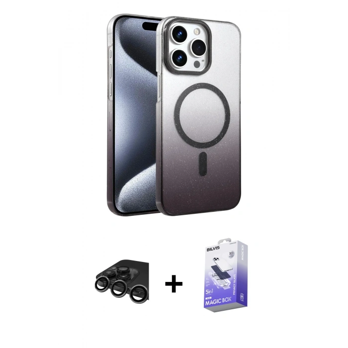 MARSİLYAN™- iPhone 15 Pro Max Kılıf Ahenk Doku Özel Seri - Siyah Bilvis 5in1 5D Magic Hayalet Cam Ekran Koruyucu + Titanyum Gri Raze Metal Kamera Lens