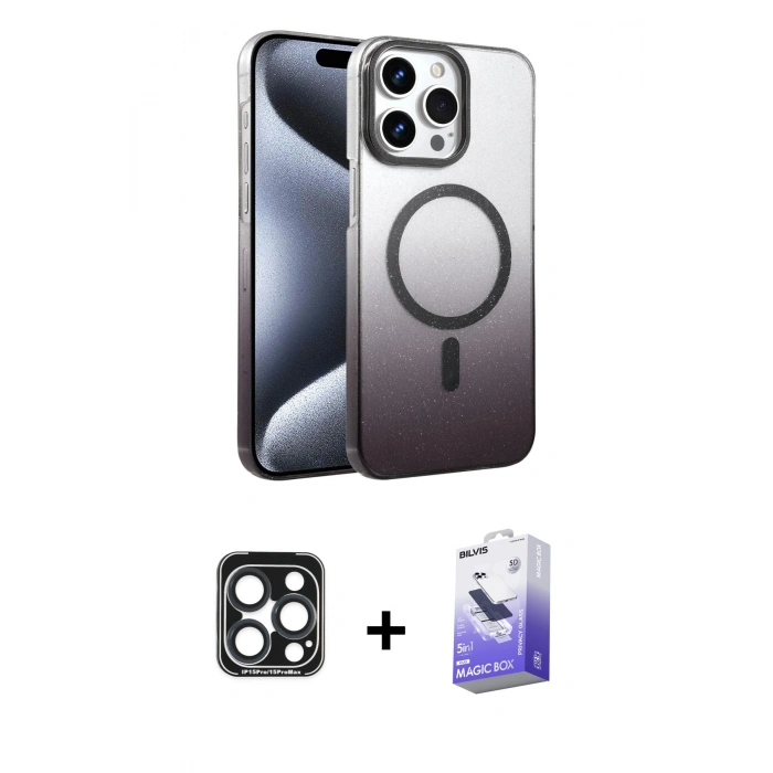 MARSİLYAN™- iPhone 15 Pro Max Kılıf Ahenk Doku Özel Seri - Siyah Bilvis 5in1 5D Magic Hayalet Cam Ekran Koruyucu + PVD Metal Kamera Lens - LT