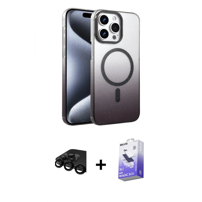 MARSİLYAN™- iPhone 15 Pro Max Kılıf Ahenk Doku Özel Seri - Siyah Bilvis 5in1 5D Magic Hayalet Cam Ekran Koruyucu + Raze Metal Kamera Lens - SH