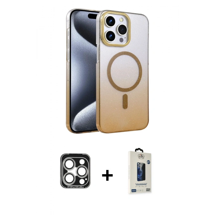 MARSİLYAN™- iPhone 15 Pro Max Kılıf Ahenk Doku Özel Seri - Siyah Bilvis Hayalet Cam Ekran Koruyucu + PVD Metal Kamera Lens - GS
