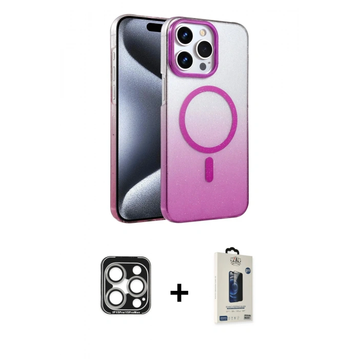 MARSİLYAN™- iPhone 15 Pro Max Kılıf Ahenk Doku Özel Seri - Siyah Bilvis Hayalet Cam Ekran Koruyucu + PVD Metal Kamera Lens - GS