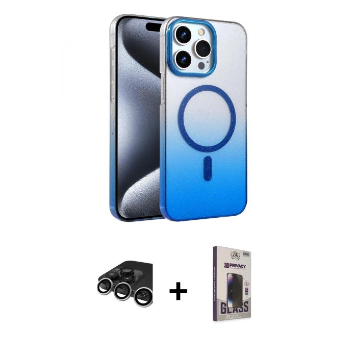 MARSİLYAN™- iPhone 15 Pro Max Kılıf Ahenk Doku Özel Seri - Siyah Bilvis Hayalet Cam Ekran Koruyucu + Gümüş Raze Metal Kamera Lens
