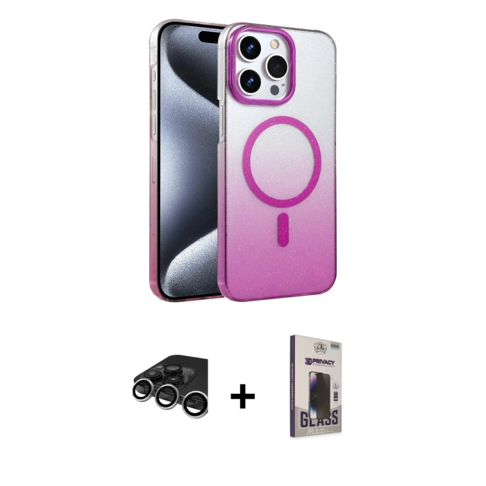 MARSİLYAN™- iPhone 15 Pro Max Kılıf Ahenk Doku Özel Seri - Siyah Bilvis Hayalet Cam Ekran Koruyucu + Gümüş Raze Metal Kamera Lens