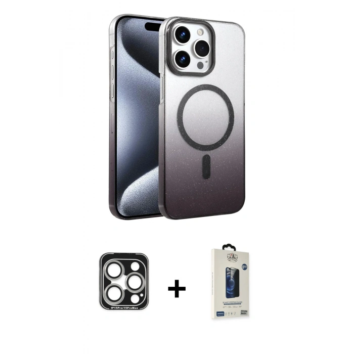 MARSİLYAN™- iPhone 15 Pro Max Kılıf Ahenk Doku Özel Seri - Siyah Bilvis Hayalet Cam Ekran Koruyucu + PVD Metal Kamera Lens - GS