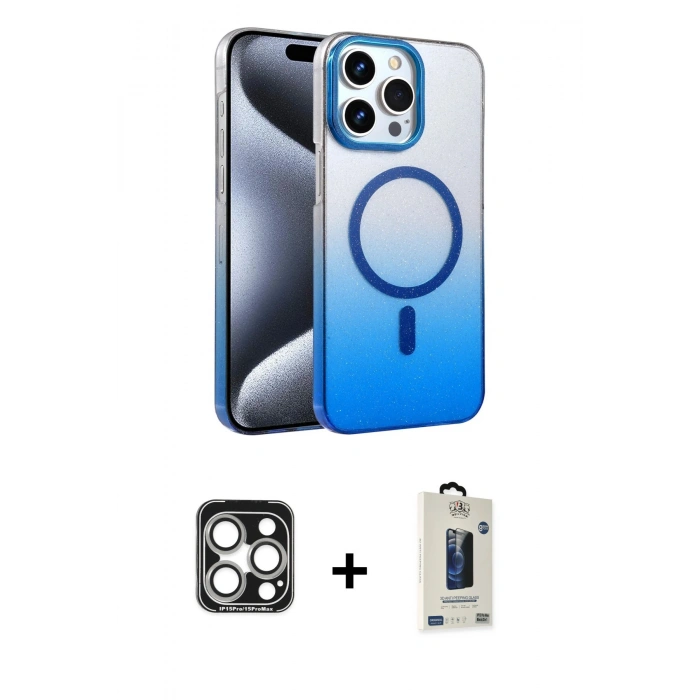 MARSİLYAN™- iPhone 15 Pro Max Kılıf Ahenk Doku Özel Seri - Siyah Bilvis Hayalet Cam Ekran Koruyucu + PVD Metal Kamera Lens - GS
