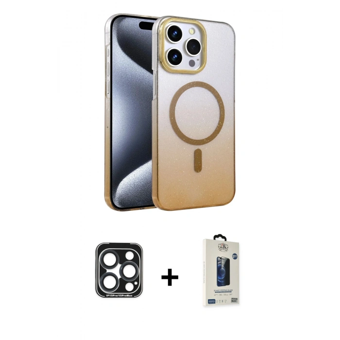 MARSİLYAN™- iPhone 15 Pro Max Kılıf Ahenk Doku Özel Seri - Siyah Bilvis Hayalet Cam Ekran Koruyucu + PVD Metal Kamera Lens - LT