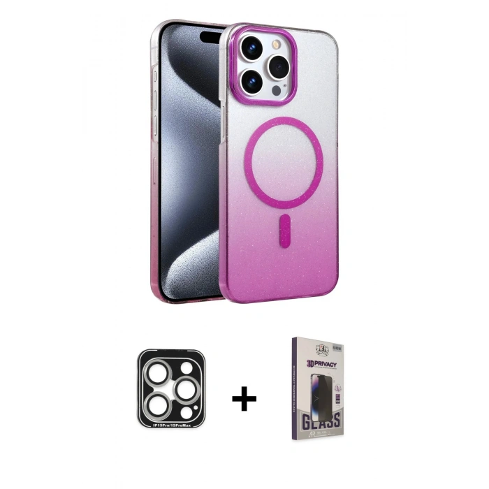 MARSİLYAN™- iPhone 15 Pro Max Kılıf Ahenk Doku Özel Seri - Siyah Bilvis Hayalet Cam Ekran Koruyucu + PVD Metal Kamera Lens - GS