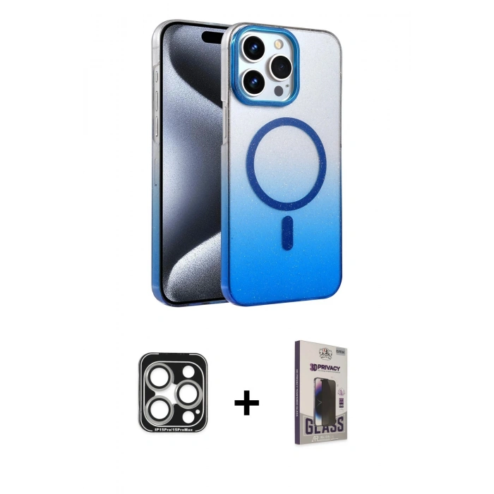 MARSİLYAN™- iPhone 15 Pro Max Kılıf Ahenk Doku Özel Seri - Siyah Bilvis Hayalet Cam Ekran Koruyucu + PVD Metal Kamera Lens - GS