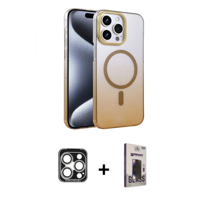 MARSİLYAN™- iPhone 15 Pro Max Kılıf Ahenk Doku Özel Seri - Siyah Bilvis Hayalet Cam Ekran Koruyucu + PVD Metal Kamera Lens - GS