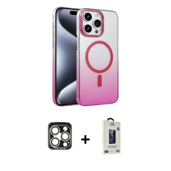 MARSİLYAN™- iPhone 15 Pro Max Kılıf Ahenk Doku Özel Seri - Siyah Bilvis Hayalet Cam Ekran Koruyucu + PVD Metal Kamera Lens - GS