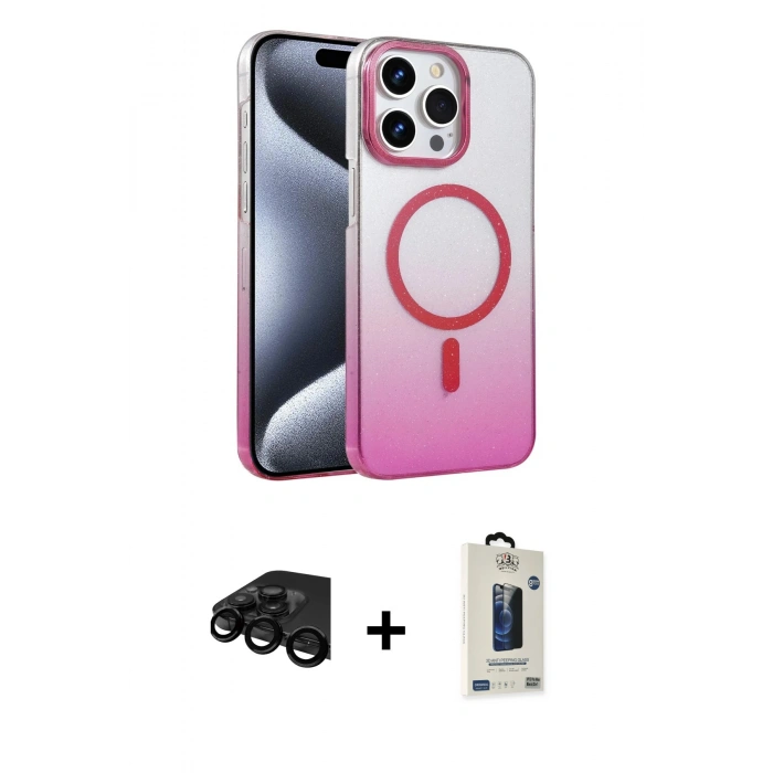 MARSİLYAN™- iPhone 15 Pro Max Kılıf Ahenk Doku Özel Seri - Siyah Bilvis Hayalet Cam Ekran Koruyucu + Raze Metal Kamera Lens - SH