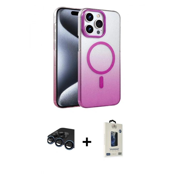 MARSİLYAN™- iPhone 15 Pro Max Kılıf Ahenk Doku Özel Seri - Siyah Bilvis Hayalet Cam Ekran Koruyucu + Raze Metal Kamera Lens - LT