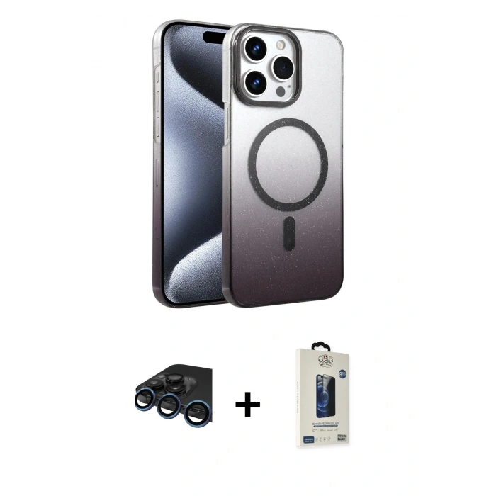 MARSİLYAN™- iPhone 15 Pro Max Kılıf Ahenk Doku Özel Seri - Siyah Bilvis Hayalet Cam Ekran Koruyucu + Raze Metal Kamera Lens - LT